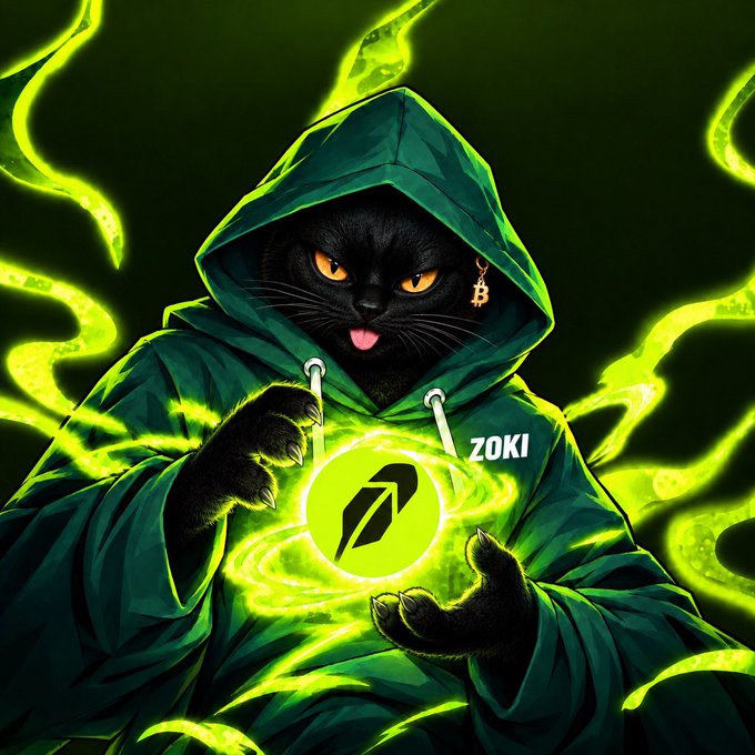 A digital illustration depicts a black cat wearing a green hoodie with "ZOKI" written on it, conjuring a glowing green orb with a stylized "Z" symbol amid swirling green energy.