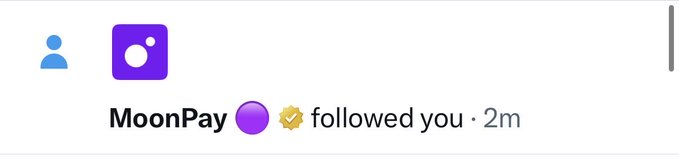 An Instagram notification showing that MoonPay with a verified checkmark followed the user 2 minutes ago.