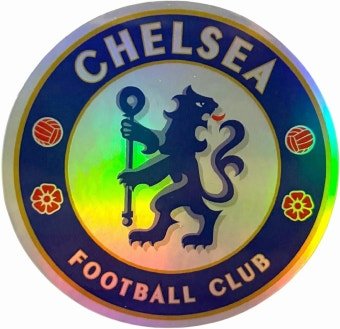 A holographic rainbow-colored sticker of the Chelsea Football Club crest, featuring the iconic blue rampant lion holding a staff, surrounded by roses and footballs.