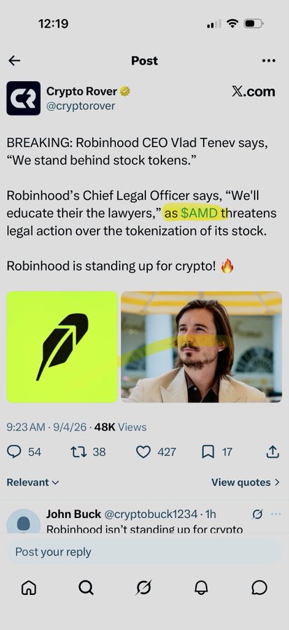A Crypto Rover (@cryptorover) Twitter post stating "BREAKING: Robinhood CEO Vlad Tenev says, 'We stand behind stock tokens.'" with a note about AMD threatening legal action and an image of Vlad Tenev.