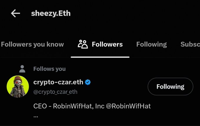 A social media profile page for 'sheezy.Eth' showing a 'Followers' tab with an account named 'crypto-czar.eth' (@crypto_czar_eth) listed as CEO of RobinWifHat, Inc.