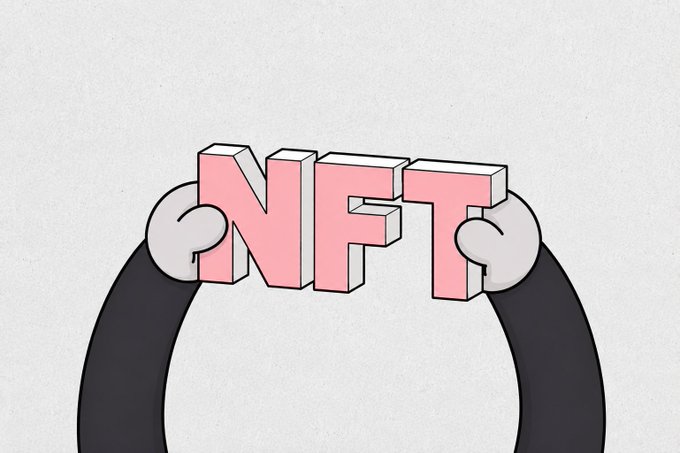 A minimalist cartoon showing two white-gloved black arms holding up pink 3D block letters spelling 'NFT' against a plain gray background.