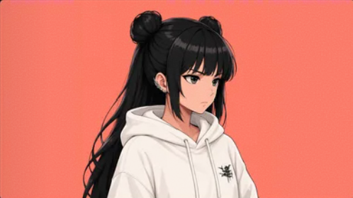An anime-style illustration of a girl with long black hair styled in twin buns, wearing a white hoodie against a solid peach background.