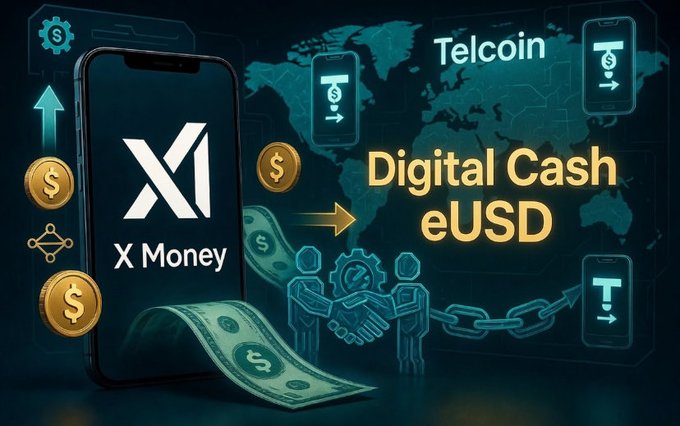 A promotional graphic for Telcoin's 'Digital Cash eUSD' featuring a smartphone labeled 'X Money' alongside dollar signs, a world map, and handshake imagery symbolizing digital financial transactions.