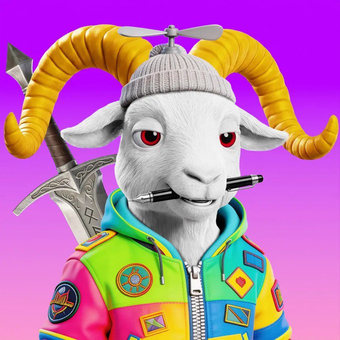 A 3D illustration of a white goat character wearing a colorful jacket and a beanie with a propeller, with a pen in its mouth and a sword on its back, set against a purple background.