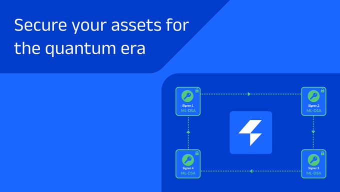 A blue promotional graphic reads 'Secure your assets for the quantum era' and illustrates a Lightning Network diagram with four 'Signer' nodes using ML-DSA.
