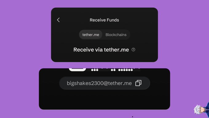 The image shows a "Receive Funds" screen from a crypto wallet app displaying a tether.me email-style address ("bigshakes2300@tether.me") as an alternative to traditional long wallet addresses, illustrating the post's point about Tether Wallet's unique solution to the problem of sharing complex 42-character crypto addresses.