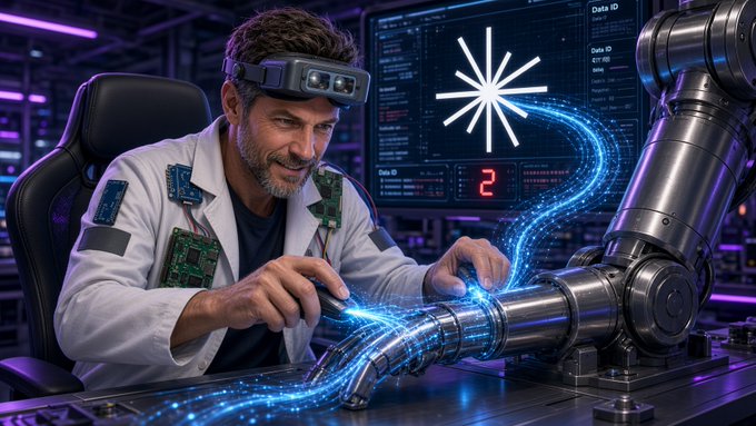 A researcher in a lab coat and AR headset works on a robotic arm while monitoring a digital display showing "Data ID" and "2." The image visually reinforces the post's announcement that @axisrobotics is limiting tester slots for regular tasks, with the "2" on the screen symbolizing the hard cap of two tester seats now enforced for public slots.