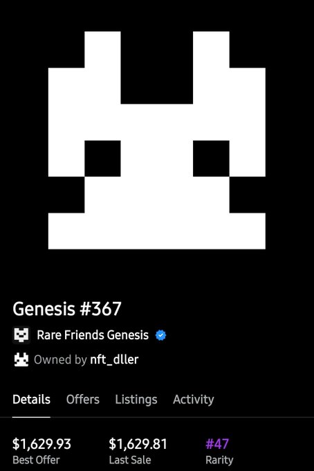 A screenshot of an NFT listing for 'Genesis #367' from 'Rare Friends Genesis', owned by 'nft_dller', showing a best offer of $1,629.93 and a rarity of #47.
