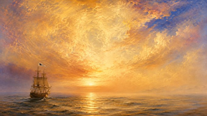 A painting of a sailing ship on a calm ocean beneath a dramatic golden and cloudy sunset sky.