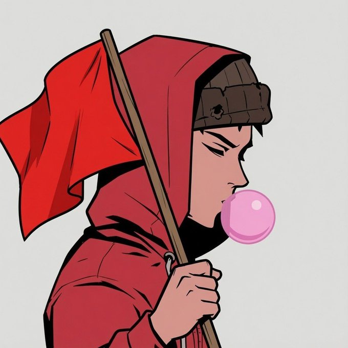 A stylized illustration of a hooded figure in a red cloak with a beanie, blowing a pink bubblegum bubble while holding a wooden staff—evoking a rebellious, graffiti-art aesthetic that visually complements the "Red Flags" NFT project being promoted.