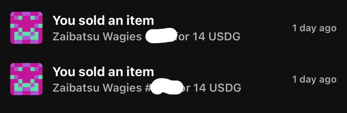 Two Roblox trade notifications showing the user sold "Zaibatsu Wagies #__" for 14 USDG each, one day ago, illustrating recent successful sales in the volatile market where item floors are now above $650.