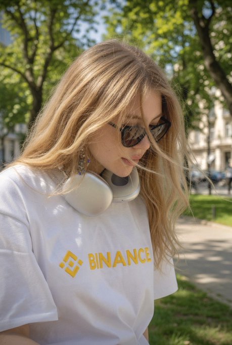 A young woman with long blonde hair and sunglasses looks down while wearing a white "BINANCE" t-shirt with the brand's yellow logo, matching the "Gm #binance fam" greeting to the crypto community.