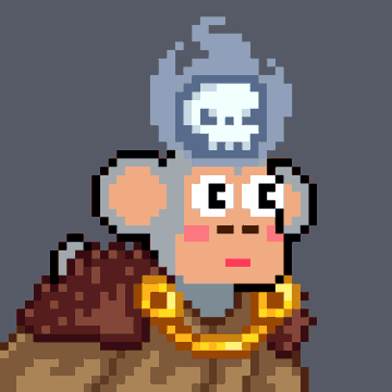 A pixel art image of a monkey character wearing a gold chain and a hat featuring a skull design, holding a brown bag.