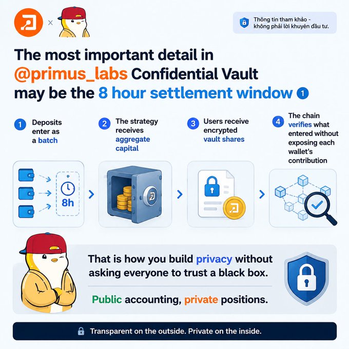 An infographic titled 'The most important detail in @primus_labs Confidential Vault may be the 8 hour settlement window' explains a four-step process showing deposits entering as a batch, strategy receiving aggregate capital, users receiving encrypted vault shares, and the chain verifying contributions without exposing individual positions.