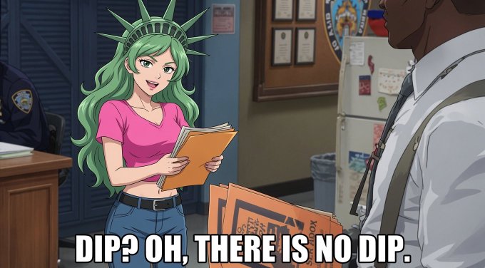 The image is an anime-style meme featuring a green-haired character wearing a Statue of Liberty crown, holding files and confidently stating "DIP? OH, THERE IS NO DIP." while speaking to a police officer. The post references PulseChain cryptocurrency, with the caption humorously suggesting there is no price dip—aligning with the meme's confident dismissal of any market downturn as PulseChain approaches the $1 milestone.