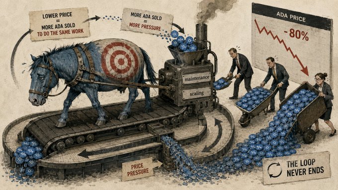 The image depicts a horse pulling a conveyor belt filled with blue balls, symbolizing the ongoing devaluation of the Ouroboros currency due to the Cardano cryptocurrency's massive trading cost. The horses' weight is being used as an indicator for the enormous recurring cost associated with maintaining and scaling the Cardano project. This visual representation serves as a commentary on the economic pressure faced by those involved in the Cardano project, as they must sell more tokens to fund the same work that has caused the currency's devaluation.