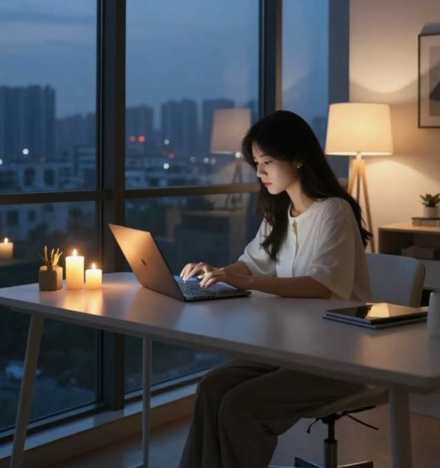 A woman sits at a desk by a window at dusk, working on a laptop illuminated by candlelight and a lamp, with a city skyline visible outside.