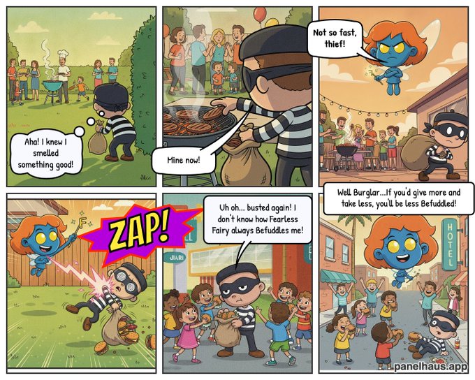 A six-panel comic strip depicting a burglar character stealing food from a BBQ, getting zapped by a blue superhero called 'Befuddle,' and eventually sharing burgers with children. The artist's signature 'panelhaus.app' appears in the bottom right.