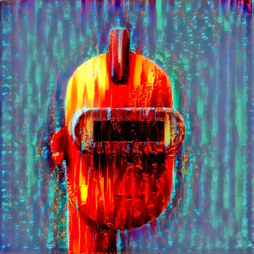 Digital artwork or stylized image of a red/orange mechanical object resembling a VR headset or robot face, set against a textured blue and green background with paint drip effects.