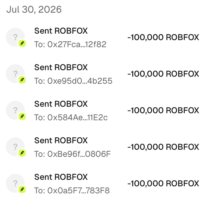 The image shows a crypto wallet transaction history dated Jul 30, 2026, displaying five separate transactions of 100,000 ROBFOX tokens being sent to different Ethereum addresses (e.g., 0x27Fca...12f82, 0xe95d0...4b255). This illustrates the airdrop distribution where the sender is sending 100,000 $ROBFOX tokens to multiple wallets, consistent with the post's promise of distributing tokens to the first 500 participants.