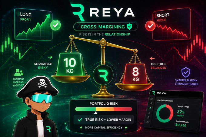 Promotional graphic for 'REYA' cryptocurrency exchange explaining 'CROSS-MARGINING' with a scale showing 'LONG PROFIT' and 'SHORT HEDGE', including a portfolio risk display showing 32% margin usage.