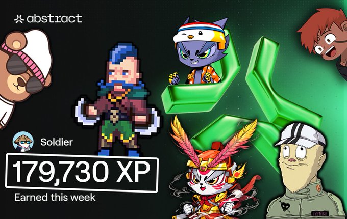 A graphic showing various cartoon and pixel-art characters with text reading 'abstract', 'Soldier', and '179,730 XP Earned this week' on a dark green background.