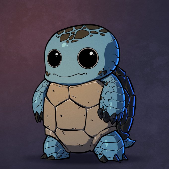 A cute, cartoon-style turtle character with large black eyes and blue skin with brown spots on its head, standing against a purple background.