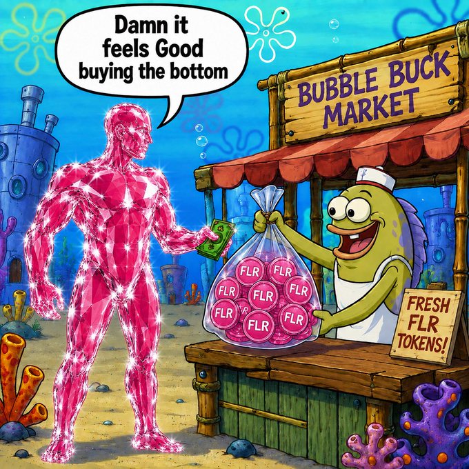 A SpongeBob SquarePants-style meme featuring a pink crystalline humanoid buying a bag of 'FLR' tokens from a fish vendor at the 'Bubble Buck Market', with the speech bubble reading 'Damn it feels Good buying the bottom'.