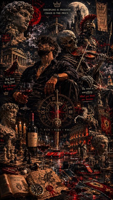 A dark, ornate collage featuring classical statues, a skull, a Roman warrior with a sword, and a clock face with 'VENI VIDI VICI' text, along with the phrase 'DISCIPLINE IS FREEDOM CHAOS IS THE PRICE.'
