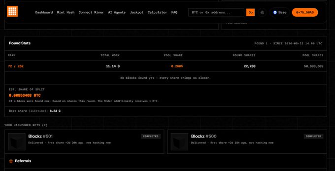 Block dashboard showing Round 1 stats: Rank 72/202, total work 11.14 G, pool share 0.298%, 22,200 round shares, 50,000,000 pool shares, and estimated share of 0.00053468 BTC with no blocks found yet.
