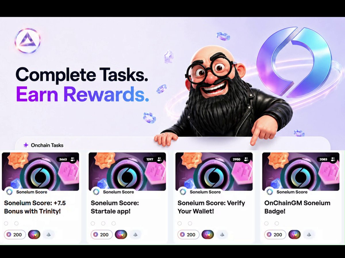 The image features a poster for Soneum Season 11 that includes a cartoon character wearing glasses and holding a sign, as well as text promoting the completion of tasks and earning rewards. The poster also displays four different options or posts related to Soneum Season 11 onchain.