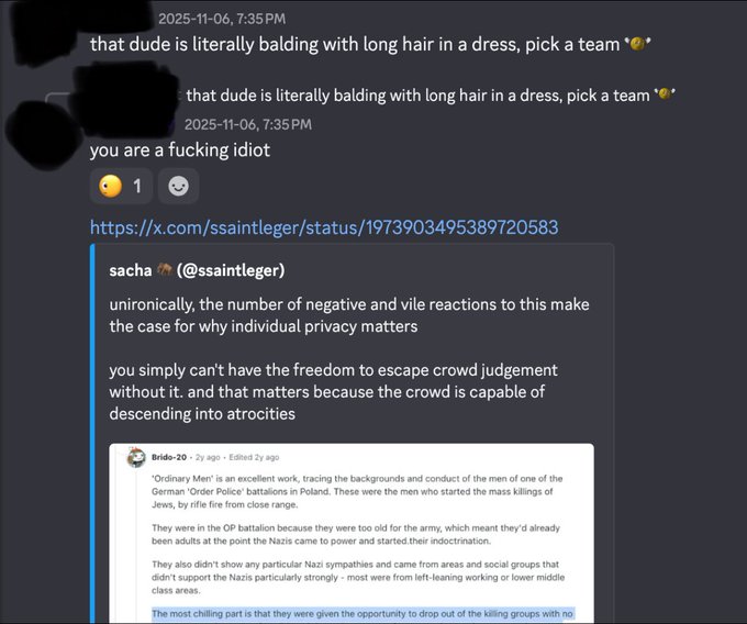 Discord chat screenshots showing inflammatory messages and a linked tweet by @ssaintleger discussing individual privacy and crowd judgment in response to negative reactions.