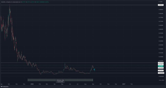 A 4-hour candlestick chart of BertOnSol/SOL on TradingView shows the price consolidating in a mid-range support zone around 0.023-0.025 SOL from late 2024 into mid-2026, with a curved blue arrow indicating an anticipated breakout above the range, aligning with the post's commentary about a bull flag setup and a target above 0.22.