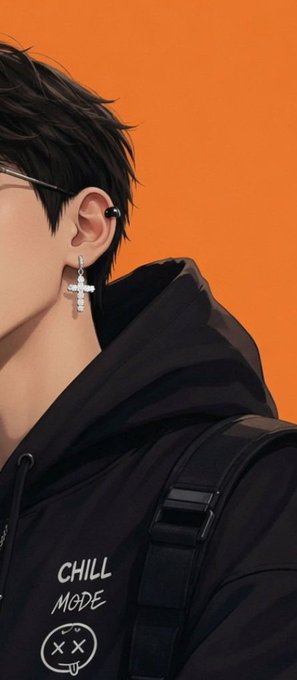 Digital illustration of a person with black hair wearing a cross earring and a black hoodie that reads 'CHILL MODE' with a smiley face, set against an orange background.
