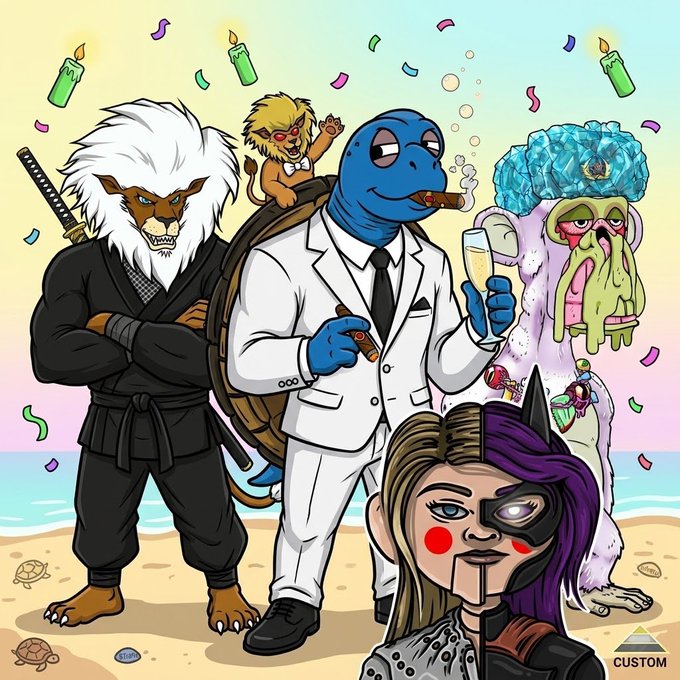 A colorful cartoon illustration featuring characters including a samurai wolf, a blue turtle in a white suit smoking a cigar, a creature with a brain-like head, and a purple-haired woman, with candles and confetti in the background.