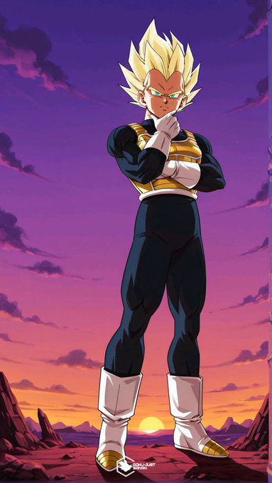An anime illustration of Vegeta from Dragon Ball Z in his Super Saiyan form with blonde spiked hair and his iconic Saiyan armor, standing in a dramatic pose against a sunset sky.