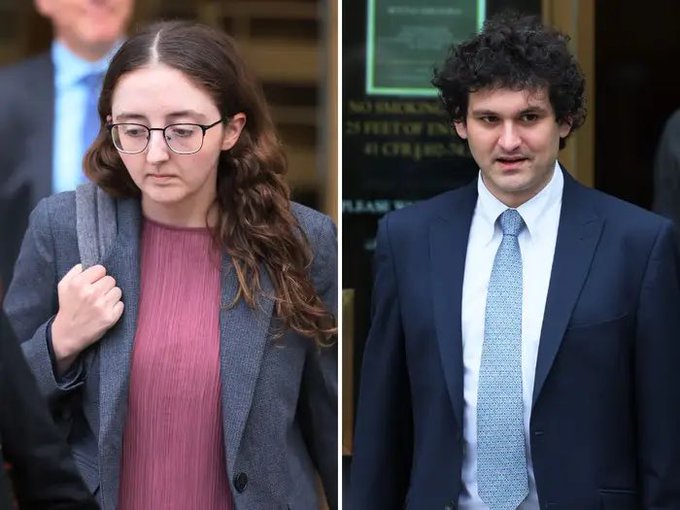 The image shows a side-by-side of Caroline Ellison (left) in a maroon top and gray blazer, and Sam Bankman-Fried (right) in a dark suit and light blue tie, appearing to leave a courthouse. It relates to the post detailing lesser-known aspects of their personal and professional relationship, including SBF recruiting Caroline to Alameda Research and their secret romantic involvement while he was her boss.