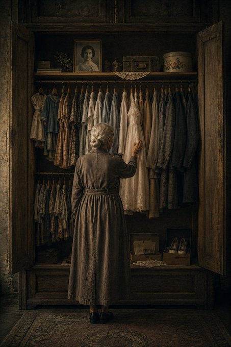 An elderly woman in a long dress standing with her back to the viewer, looking into an open wooden wardrobe filled with vintage dresses, with a framed photograph on the top shelf.