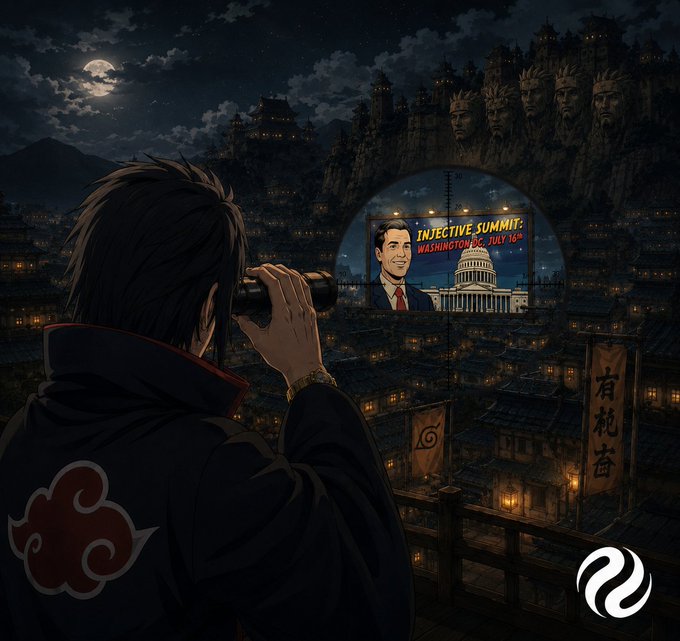 An Akatsuki-clad ninja surveys a Naruto-inspired Hidden Leaf Village under a full moon through binoculars, which reveal a projected billboard announcing the "INJECTIVE SUMMIT: WASHINGTON DC, JULY 16" alongside the U.S. Capitol—cleverly linking the ninja's watchful vision to the Injective Summit's upcoming D.C. event as part of the "See INJ Ninjas" campaign.