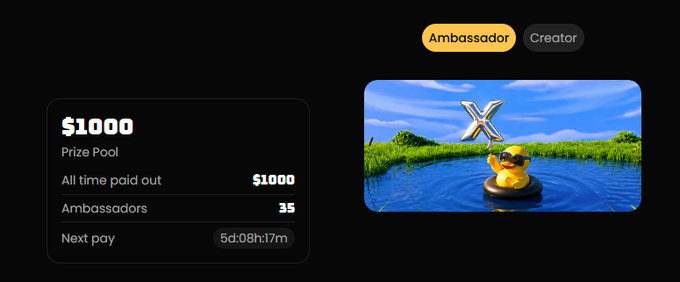 A dashboard displays a $1000 prize pool with all time paid out at $1000, 15 ambassadors, and next pay in 5d:08h:17m, alongside Ambassador and Creator tabs and a graphic of a rubber duck wearing sunglasses with an 'X' above it.