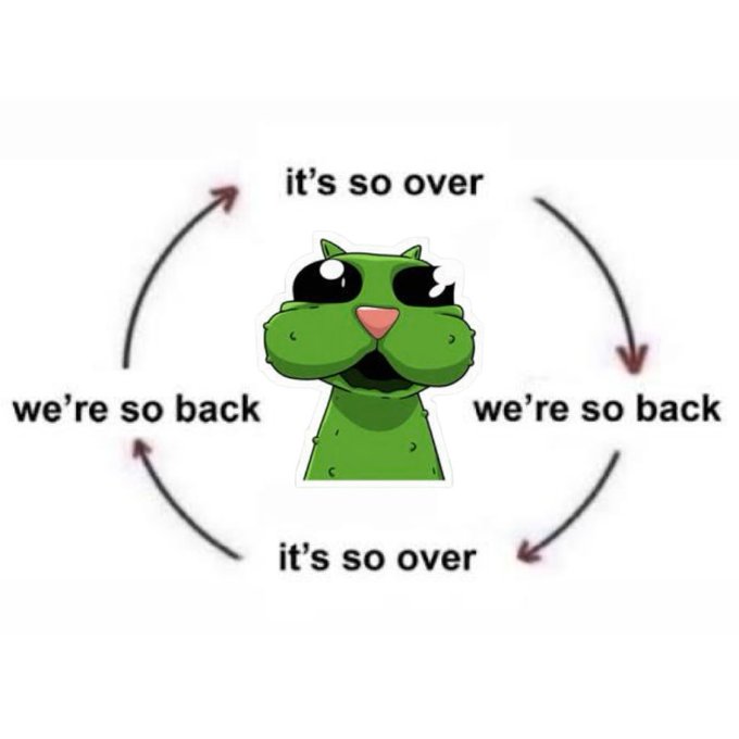 A green cartoon cat meme surrounded by a circular flow of text alternating between "it's so over" and "we're so back," capturing the chaotic back-and-forth sentiment of the post about being asked to FOMO-buy by a hairdresser.