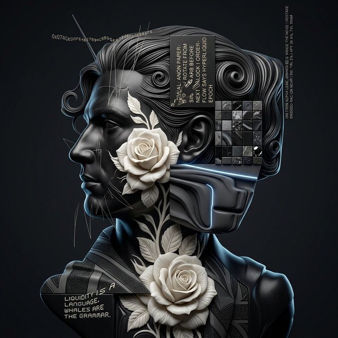 A dark digital artwork featuring a side profile of a figure with metallic textural elements and a white rose, with visible phrases including 'LIQUIDITY IS A LANGUAGE, WHALES ARE THE GRAMMAR' and garbled text fragments.