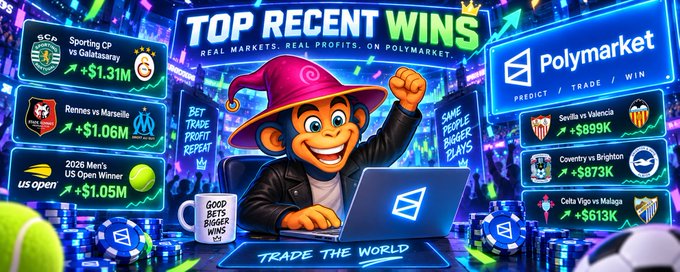 A promotional banner for Polymarket titled 'TOP RECENT WINS', showing a cartoon monkey in a purple wizard hat at a laptop, surrounded by examples of large betting profits.