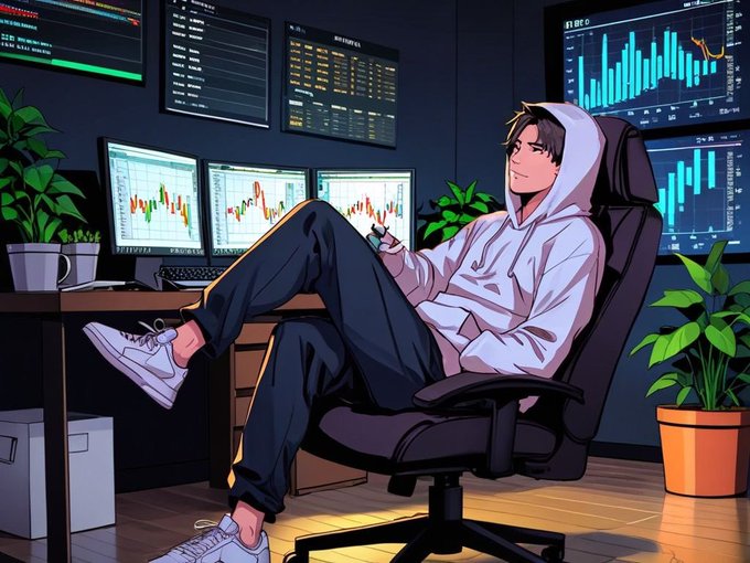 An anime-style illustration of a young man relaxing in a gaming chair in front of multiple monitors displaying trading charts, surrounded by potted plants.