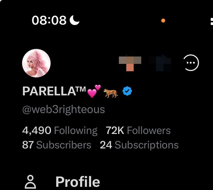 A Twitter (X) profile screenshot of "PARELLA™" (@web3righteous) showing 72K followers, 4,490 following, 87 subscribers, and 24 subscriptions. The caption humorously compares the high follower count to their presumably low USDT holdings.