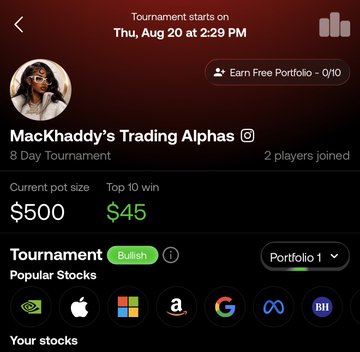 A screenshot of the GameStock app promoting MacKhaddy's Trading Alphas 8-day tournament with a $500 prize pool, $45 top-10 win incentive, starting Thursday, August 20 at 2:29 PM, where users can join for free to trade popular stocks and crypto. The image visually supports the post's call to action for the first 500 participants to join the private tournament with no investment required and a free $10 incentive.