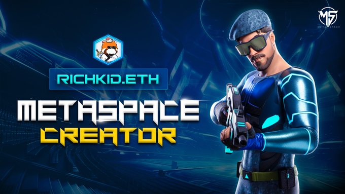 Promotional graphic featuring a 3D character in futuristic armor and sunglasses, branded 'RICHKID.ETH METASPACE CREATOR' with a logo in the upper right.