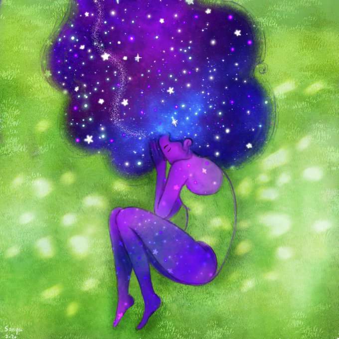 A purple silhouette of a figure reclining in grass with a starry night sky emerging from where their head would be, surrounded by glowing orbs of light, signed 'Sange 2020'.