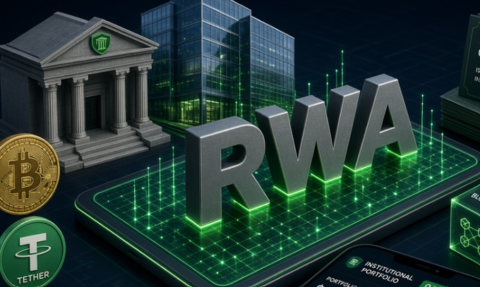 3D promotional graphic about RWA (Real World Assets) in crypto, featuring a bank building, glowing green "RWA" letters, and Bitcoin and Tether coins.